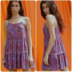 Urban Outfitters Hanna Scallop Babydoll Mini Dress in Purple Multi | Small